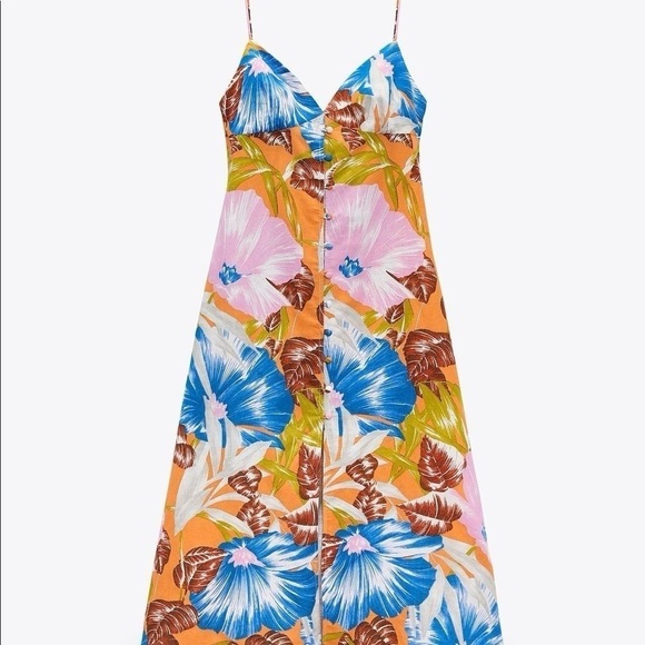 Zara Tropical print midi dress V-neck dress Front slit Open back multi color sun - Picture 7 of 7